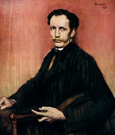 A formal portrait of a man with a mustache, wearing a dark suit, seated and holding a book, with a textured background.