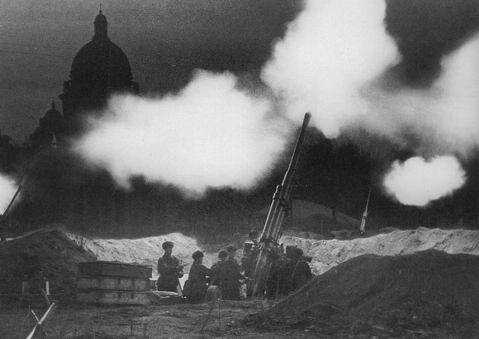 Military personnel operating artillery guns with smoke billowing in the background, featuring a silhouette of a dome structure.