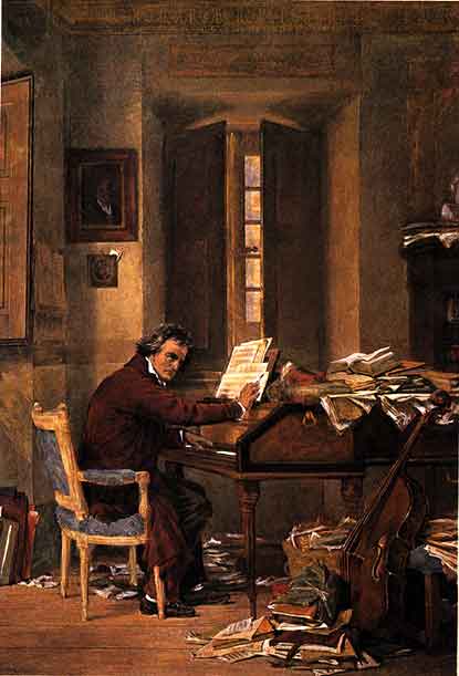 A historical painting depicting a male composer seated at a cluttered desk, surrounded by sheet music and books. The room is dimly lit with a window and various musical instruments present.