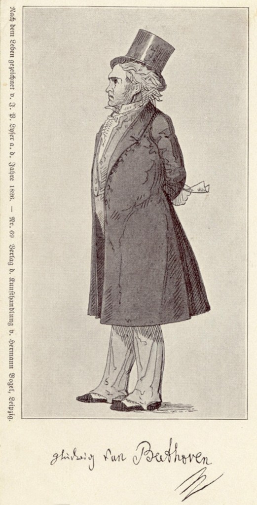 A side profile illustration of a man in a top hat and formal coat, standing with his hands behind his back. The image is signed 'Ludwig van Beethoven' at the bottom.